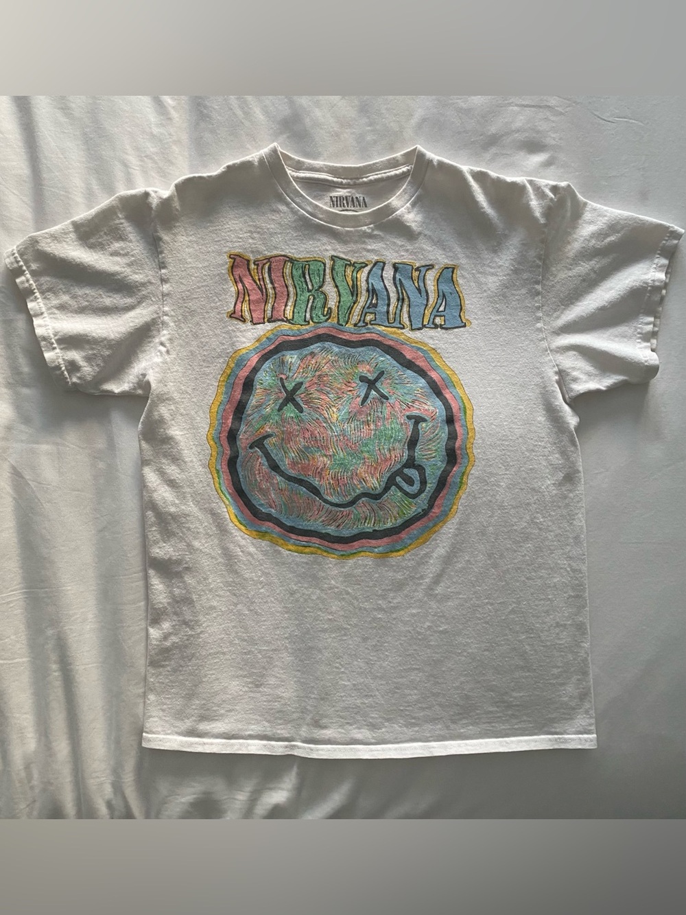 NIRVANA Band T-Shirt Multicolor Smiley Large White